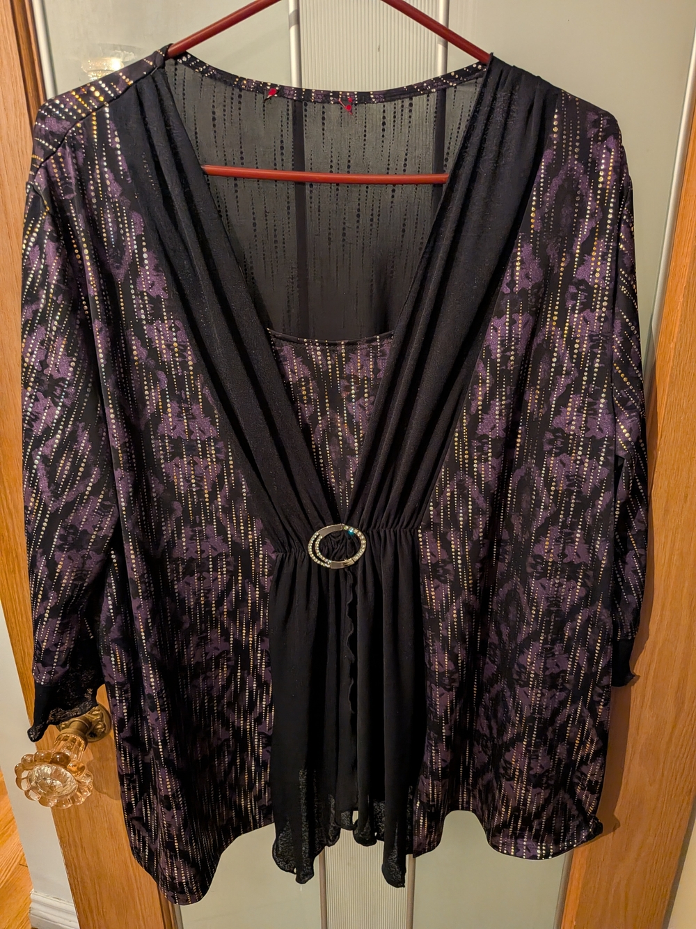 Black & Purple Draped Tunic with Decorative Brooch 2xl